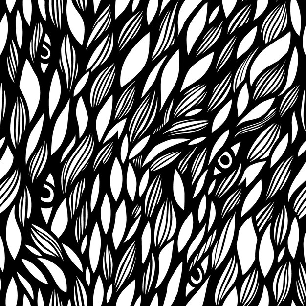 El patrón gráfico de las hojas, las olas y los ojos, patrón vectorial sin costuras dibujado a mano en blanco y negro.
