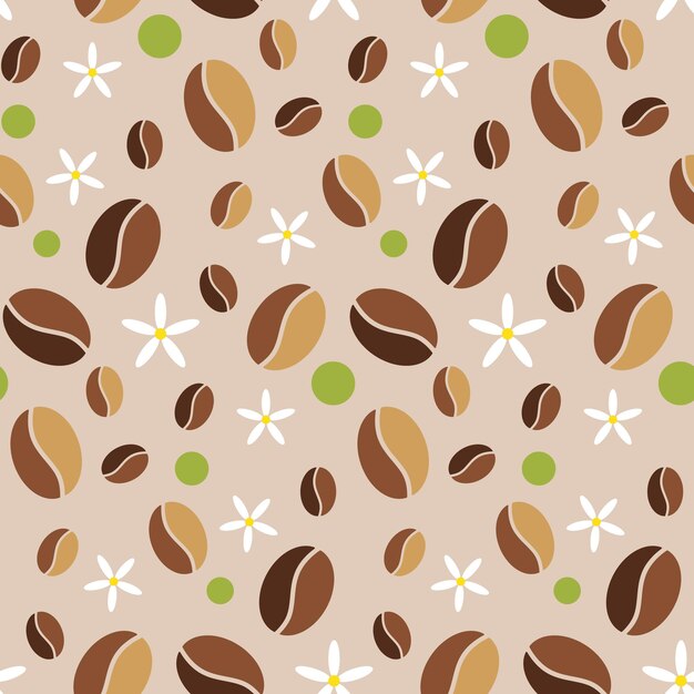 Patrón de granos de café sin costuras en beige con flores de vainilla y círculos verdes