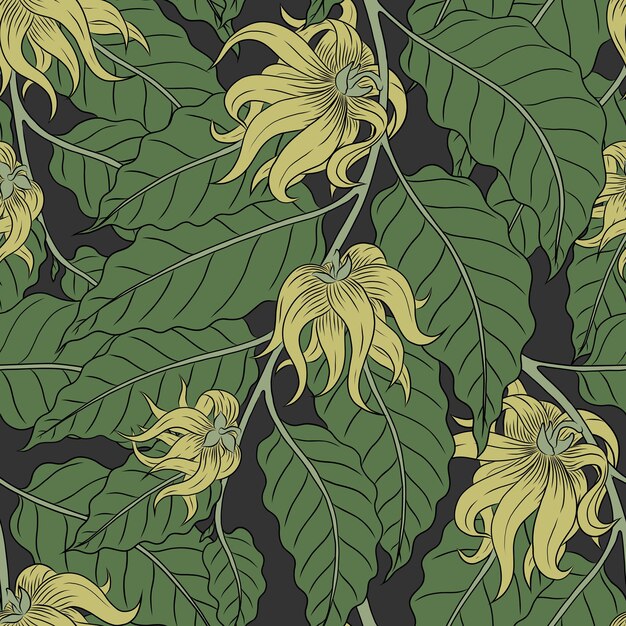 PATRÓN GRIS INCONSÚTIL VECTOR CON FLORES AMARILLAS YLANGYLANG EN RAMAS VERDES