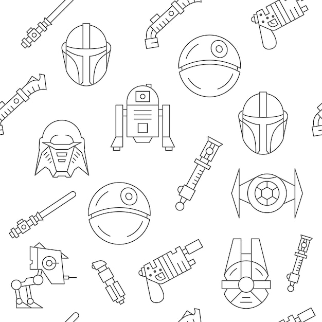 Patrón de guerra estelar Tecnología espacial Símbolos de líneas de películas Naves del cielo Pistola blaster Señales científicos en blanco y negro Robots de comunicación Cascos de soldados Vector fondo sin costuras