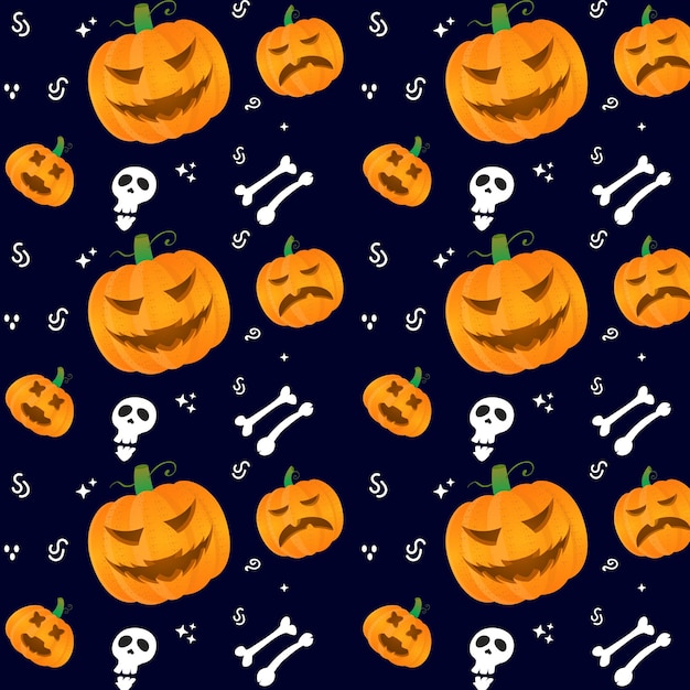 Patrón de halloween con calabazas, calavera, estilo de dibujos animados espeluznantes vector premium