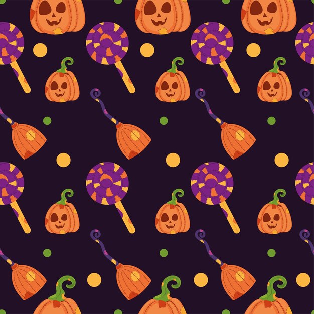 Patrón de Halloween con calabazas, escobas y piruletas Vector