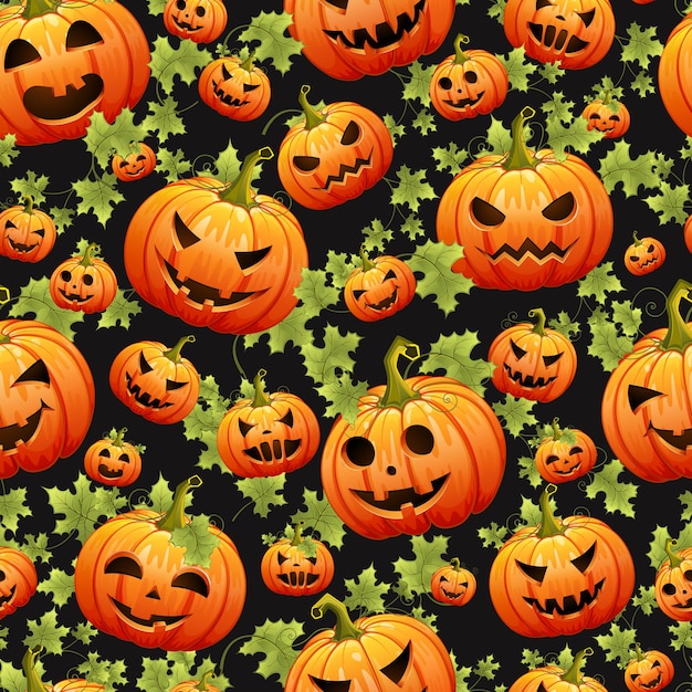 Patrón de halloween sin costuras con calabazas en la ilustración de vector de fondo negro | Vector Premium Patrón de halloween sin costuras con calabazas en la ilustración de vector de fondo negro | Vector Premium