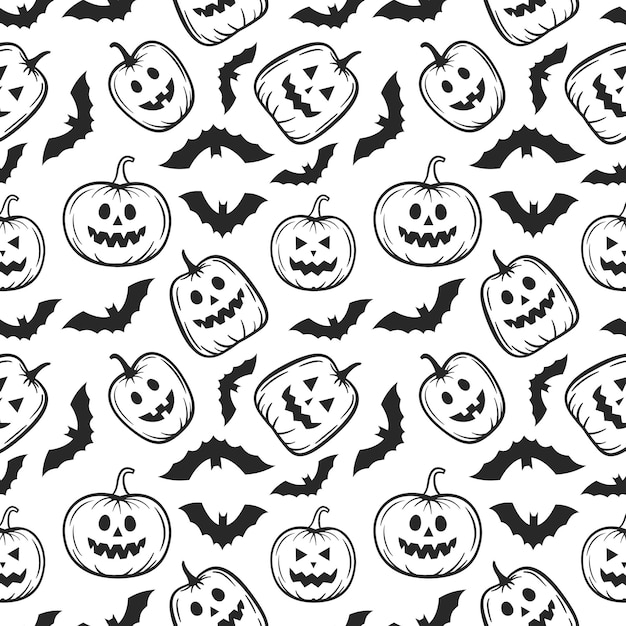 Patrón de Halloween sin costuras con calaveras, murciélago, calabaza, sombrero de bruja, escoba, dulces y arañas en blanco y negro