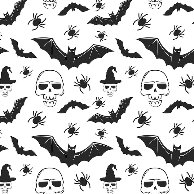 Patrón de Halloween sin costuras con calaveras, murciélago, calabaza, sombrero de bruja, escoba, dulces y arañas en blanco y negro