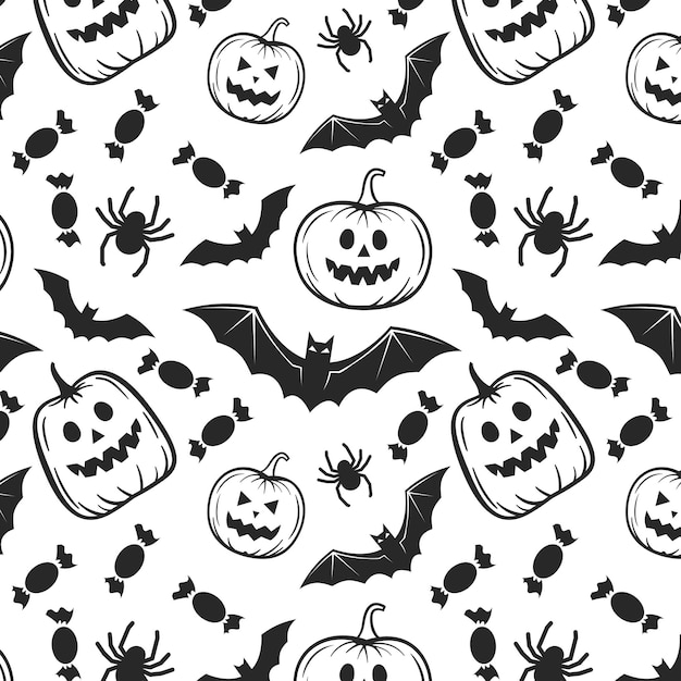 Patrón de Halloween sin costuras con calaveras, murciélago, calabaza, sombrero de bruja, escoba, dulces y arañas en blanco y negro