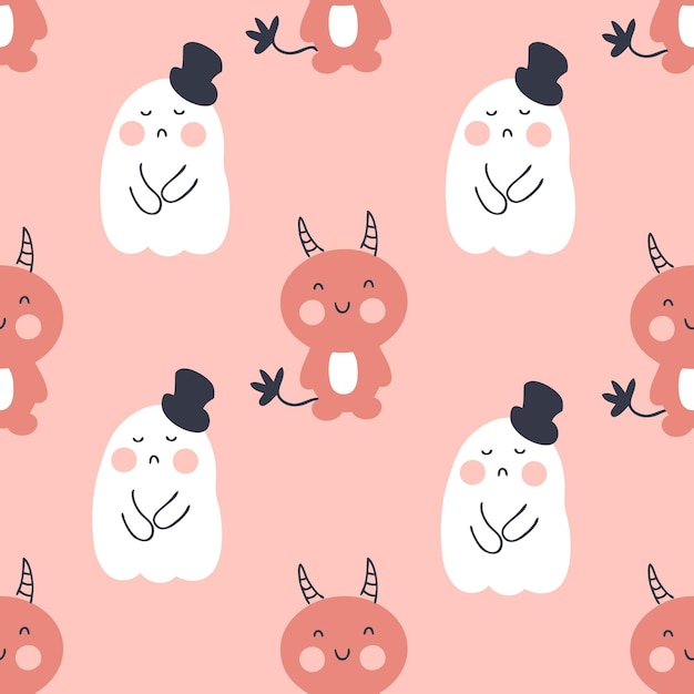 Patrón de Halloween sin costuras con demonios y fantasmas en sombreros de copa Perfecto para textiles y estampados de camisetas Ilustración vectorial dibujada a mano para decoración y diseño