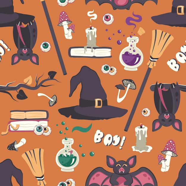 Patrón de Halloween sin costuras con la mano de la bruja, escoba de murciélago, libro de hechizos de cerveza mágica, vector.
