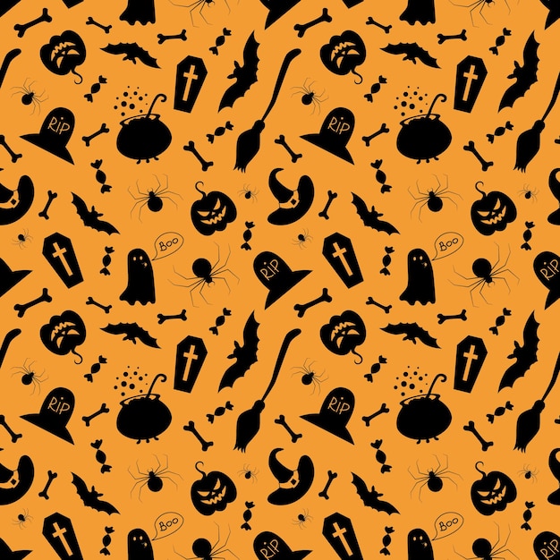 Patrón de Halloween con elementos tradicionales sobre un fondo naranja