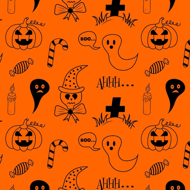 Vector patrón de halloween sin fisuras con doodle fantasmas calavera velas caramelos y tumba