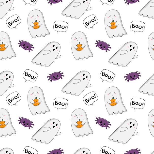 Patrón de Halloween Fondo sin costuras con espíritus kawaii arañas inscripción Boo Textura infinita
