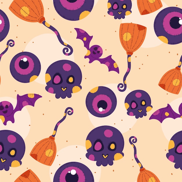 Patrón de Halloween con globos oculares cráneos murciélagos y escobas vector