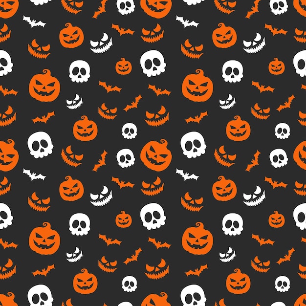 Patrón de Halloween con lindas calabazas, habilidades de murciélagos voladores y caras aterradoras aisladas sobre fondo negro