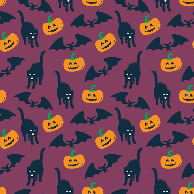 Patrón de Halloween Patrón sin costuras con calabazas Murciélagos y gatos sobre fondo azul oscuro de Halloween Repita el patrón de superficie Fiesta de Halloween Decoraciones navideñas de octubre Vector
