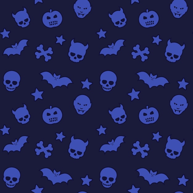 Patrón de Halloween, vector de fondo sin fisuras con calaveras, murciélagos, calabazas, vampiros y estrellas