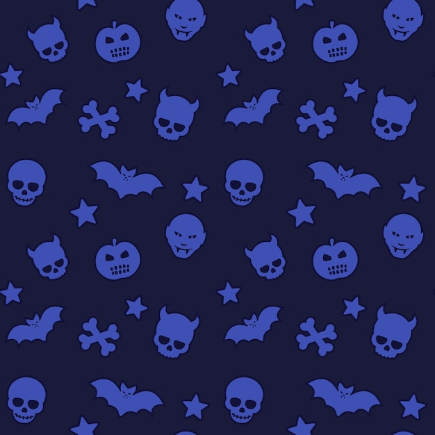 Vector patrón de halloween, vector de fondo sin fisuras con calaveras, murciélagos, calabazas, vampiros y estrellas