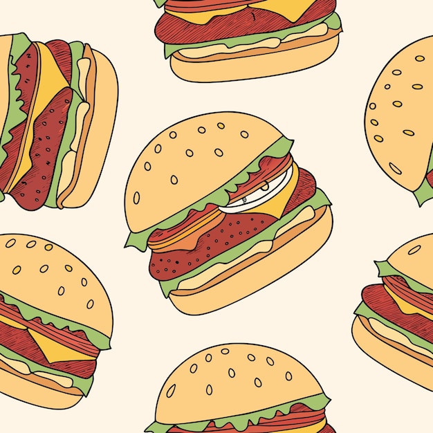 Patrón de hamburguesa sin costuras Diseño de repetición de comida rápida divertida para impresiones amplificador de fondo