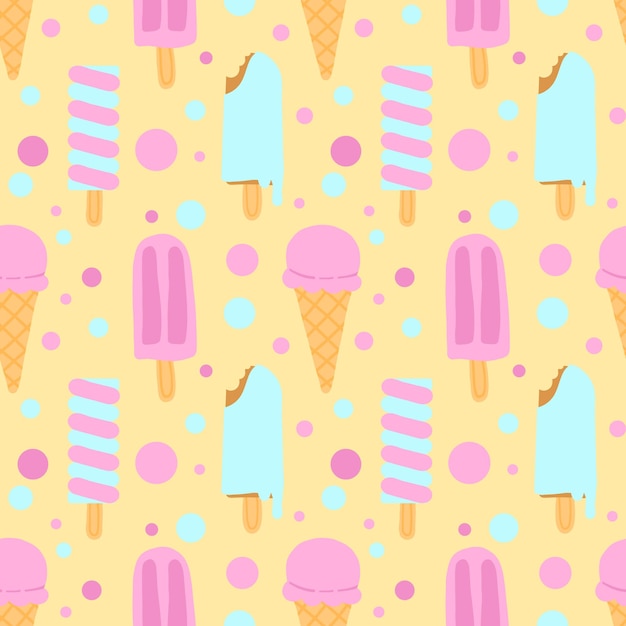 Patrón de helado sin costuras con paletas y conos en un fondo amarillo pastel con puntos