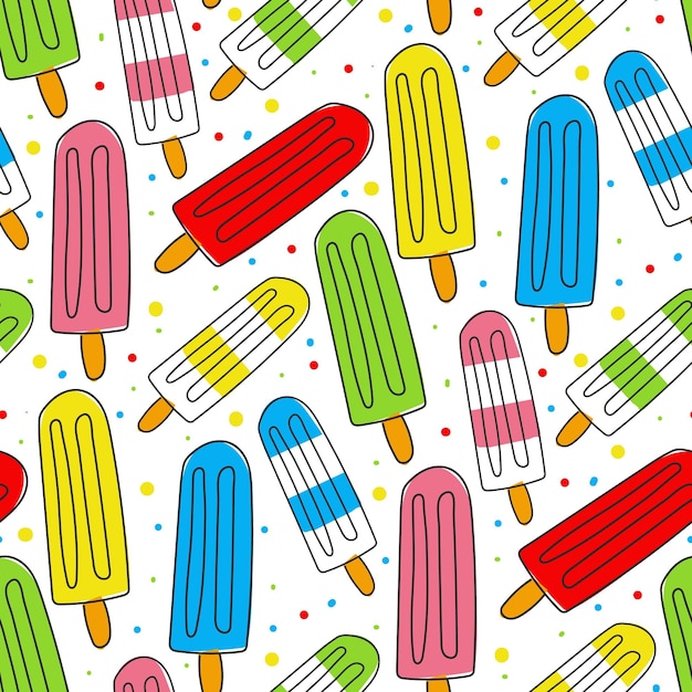 Patrón de helado en un palo con estilo y color de garabateo en una ilustración de fondo blanco