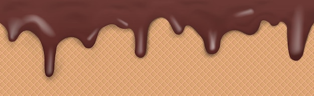 Patrón de helado panorámico sin fisuras dulce con glaseado de chocolate oscuro goteante y textura de oblea Vector