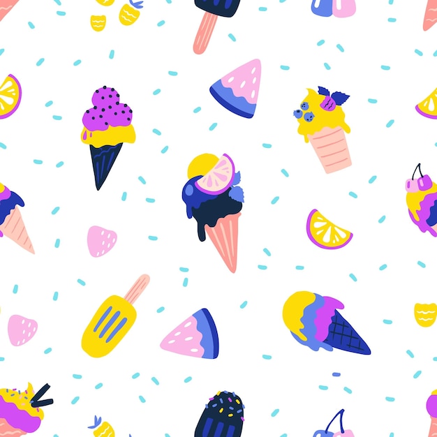 Patrón de helado textura transparente de postre de verano bolas de vainilla o chocolate en conos de gofres y jugo congelado piezas de frutas y bayas plantilla decorativa vectorial para textiles
