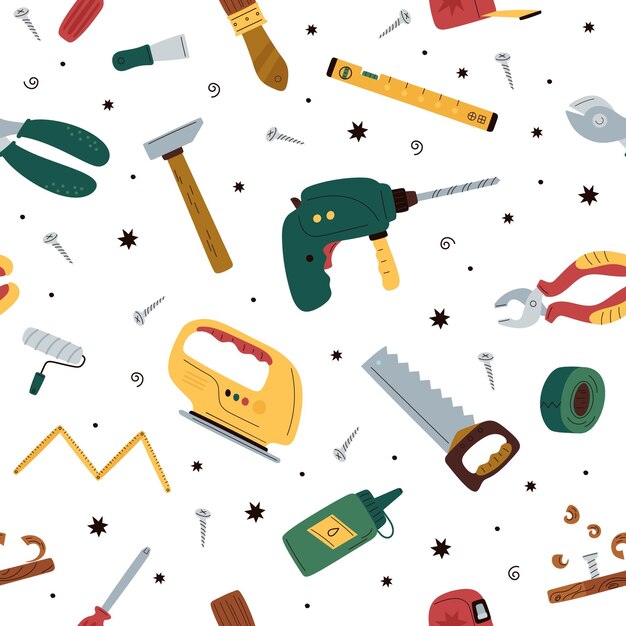 Patrón con herramientas Fondo sin costuras con perforación de sierra y martillo Estilo plano de dibujos animados aislado en elementos blancos Decoración de papel de envoltura textil diseño de papel tapiz concepto vectorial
