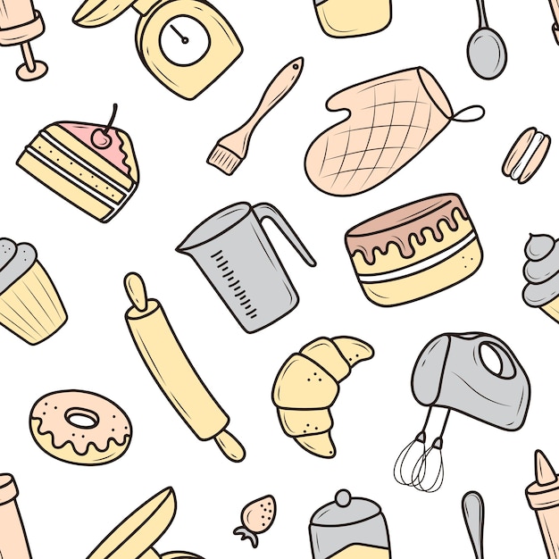Un patrón de herramientas para hornear y cocinar, una batidora, un pastel, una cuchara, una magdalena, una escala. ilustración vectorial en el estilo de dibujo. un boceto dibujado a mano sobre un fondo blanco.