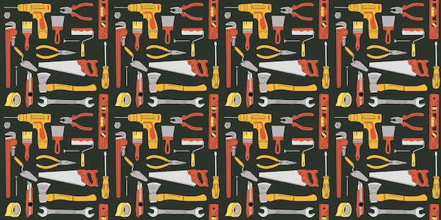 Patrón de herramientas de reparación Equipo de construcción de casas fondo sin costuras dibujo de Doodle Instrumentos de construcción destornillador sierra martillo Industria de renovación Vector de dibujos animados plana ilustración aislada