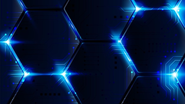 Patrón hexagonal futurista con fondo de tecnología de luz azul brillante