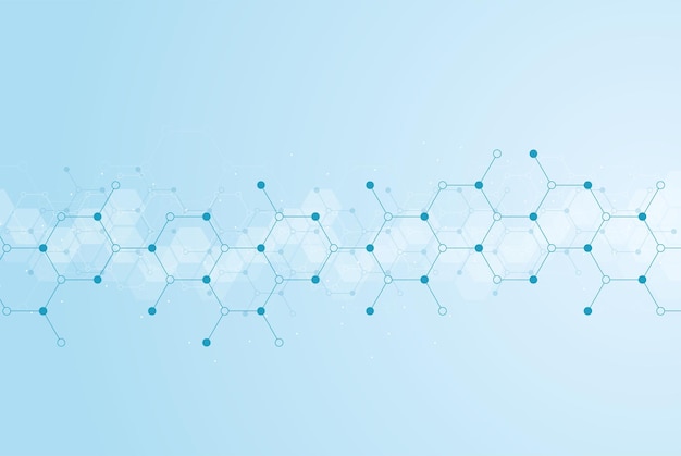 Patrón de hexágonos sobre fondo azul. Estructura molecular de la investigación genética. Ingeniería Química