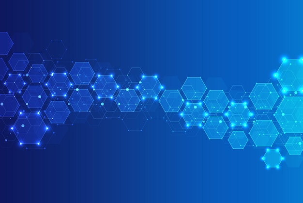 Patrón de hexágonos sobre fondo azul Estructura molecular de investigación genética