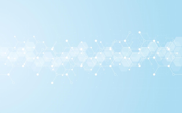 Patrón de hexágonos sobre fondo azul. Estructura molecular de la investigación genética.