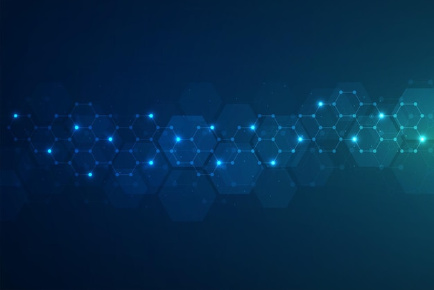 Patrón de hexágonos sobre fondo azul Investigación genética estructura molecular Ingeniería química Concepto de tecnología de innovación Utilizado para el diseño de ciencias de la salud y antecedentes de medicina