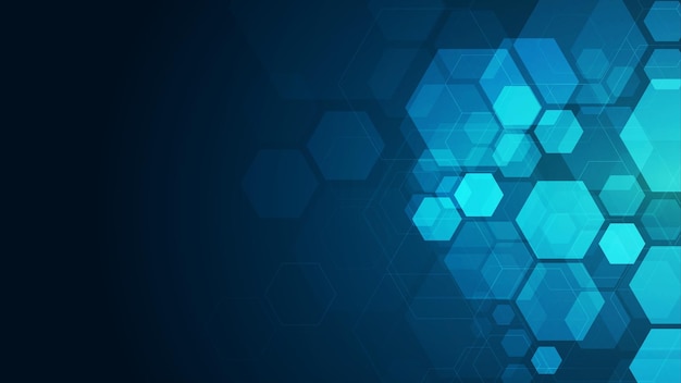 Patrón de hexágonos sobre fondo azul Investigación genética estructura molecular Ingeniería química Concepto de tecnología de innovación Utilizado para el diseño de ciencias de la salud y antecedentes de medicina