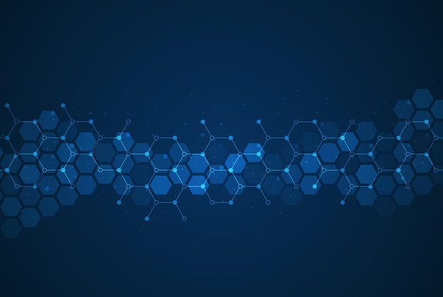 Patrón de hexágonos sobre fondo azul Investigación genética estructura molecular Ingeniería química Concepto de tecnología de innovación Utilizado para el diseño de ciencias de la salud y antecedentes de medicina