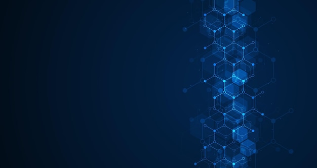 Patrón de hexágonos sobre fondo azul Investigación genética estructura molecular Ingeniería química Concepto de tecnología de innovación Utilizado para el diseño de ciencias de la salud y antecedentes de medicina