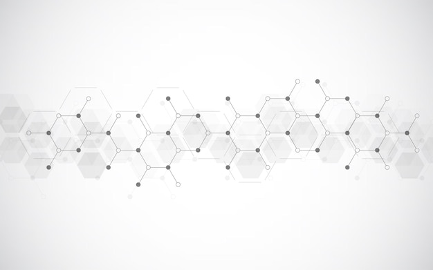 Patrón de hexágonos sobre fondo gris Estructura molecular de investigación genética Ingeniería química