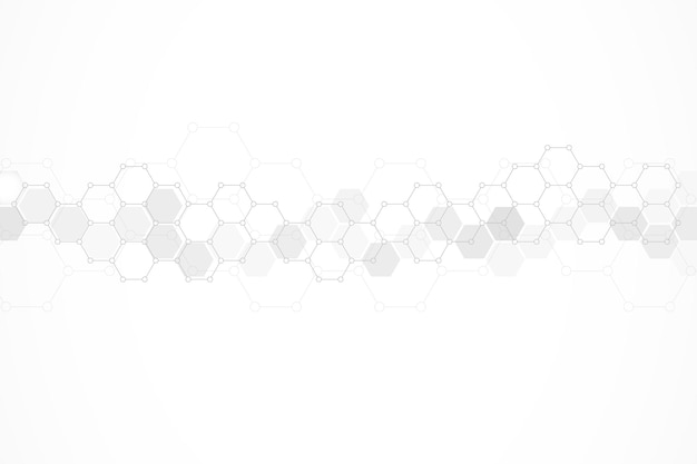 Patrón de hexágonos sobre fondo gris Investigación genética estructura molecular Ingeniería química Concepto de tecnología de innovación Utilizado para el diseño de ciencias de la salud y antecedentes de medicina