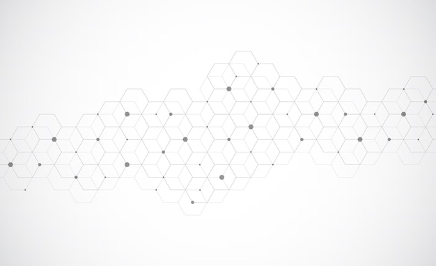 Patrón de hexágonos sobre fondo gris Investigación genética estructura molecular Ingeniería química Concepto de tecnología de innovación Utilizado para el diseño de ciencias de la salud y antecedentes de medicina