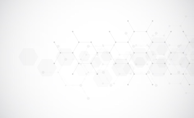 Patrón de hexágonos sobre fondo gris Investigación genética estructura molecular Ingeniería química Concepto de tecnología de innovación Utilizado para el diseño de ciencias de la salud y antecedentes de medicina