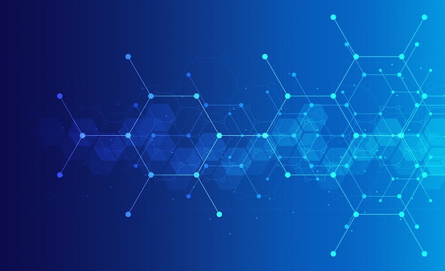 Patrón de hexágonos sobre fondo gris Investigación genética estructura molecular Ingeniería química Concepto de tecnología de innovación Utilizado para el diseño de ciencias de la salud y antecedentes de medicina