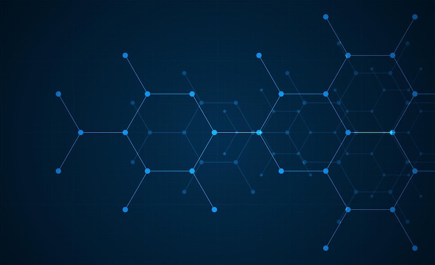Patrón de hexágonos sobre fondo gris Investigación genética estructura molecular Ingeniería química Concepto de tecnología de innovación Utilizado para el diseño de ciencias de la salud y antecedentes de medicina