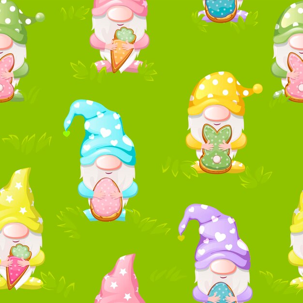 Patrón de hierba sin costuras con lindos gnomos para feliz textura de ilustración de vector de Pascua en campo verde