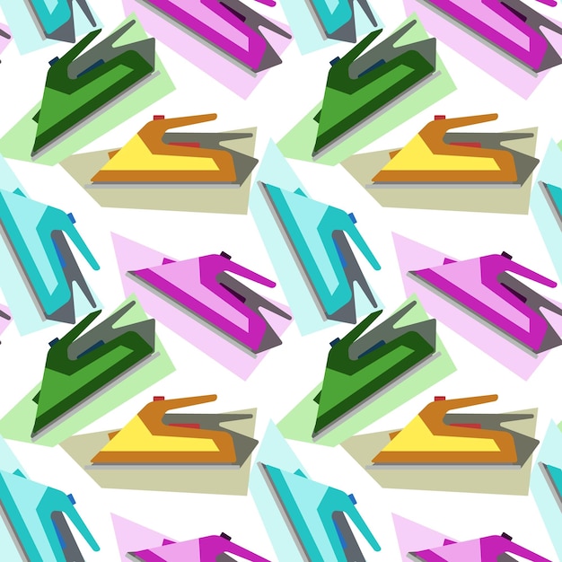 patrón de hierros de tabla de planchar multicolores para ropa flatiron en un estilo de dibujos animados vector sin costuras
