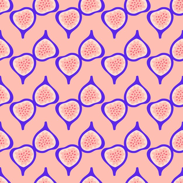 Patrón de higos de fruta abstracta. Patrón transparente tropical con higo sobre fondo rosa. Ilustración de vector de estilo dibujado a mano. Adorno para textil y envoltura.