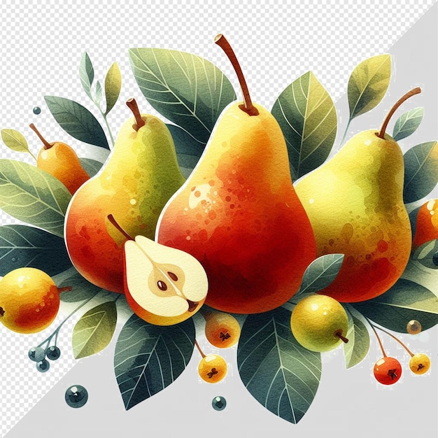 Patrón hiperrealista textura acuarela frutas de pera frescas y saludables naturales fondo transparente
