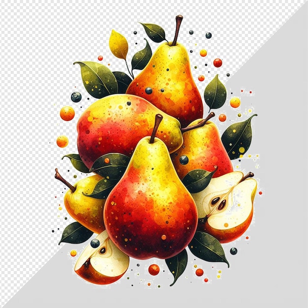 Vector patrón hiperrealista textura acuarela frutas de pera frescas y saludables naturales fondo transparente