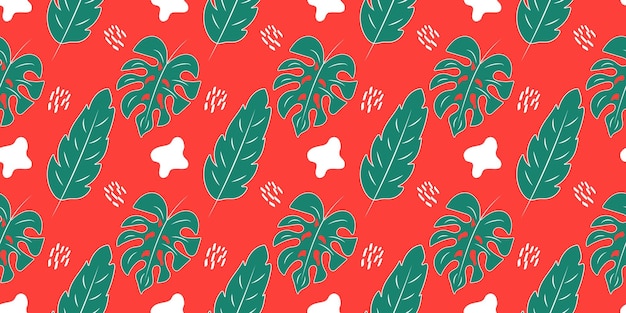 Patrón de hoja de monstera botánico transparente de vector fondo plano natural de color rojo verde de moda