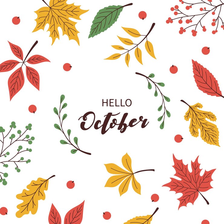 Patrón de hoja de otoño y hola letras de octubre. Impresión para ropa, pasuda, textiles. Postal, invitación, banner. Ilustración de vector EPS10.