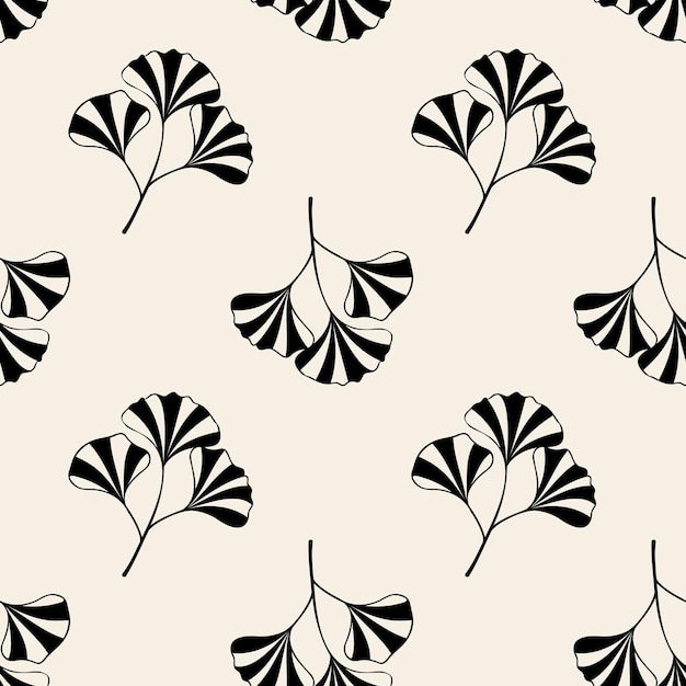 Patrón con hojas de Ginkgo biloba silueta de color oscuro sobre un fondo beige